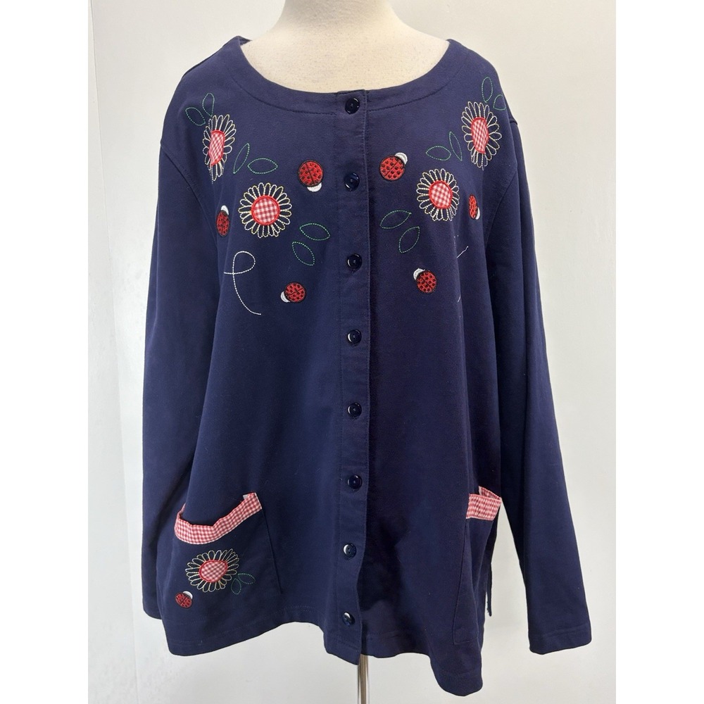 Vtg C&K Designs Cardigan Women's 3X Plus Navy Embroidered Appliqué Ladybugs